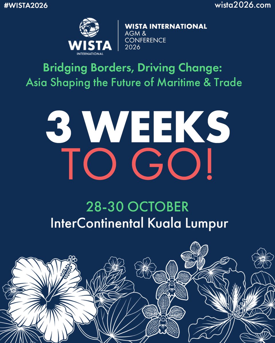 WISTAInt's tweet photo. 3 weeks to go until #WISTA2026!

Open to everyone, the WISTA International conference provides the ideal platform to collaborate, exchange insights, and shape the future of the industry.

Register and view the full agenda here: https://t.co/JUodivJxvo

#MaritimeLeadership https://t.co/bPQG1ELJnl