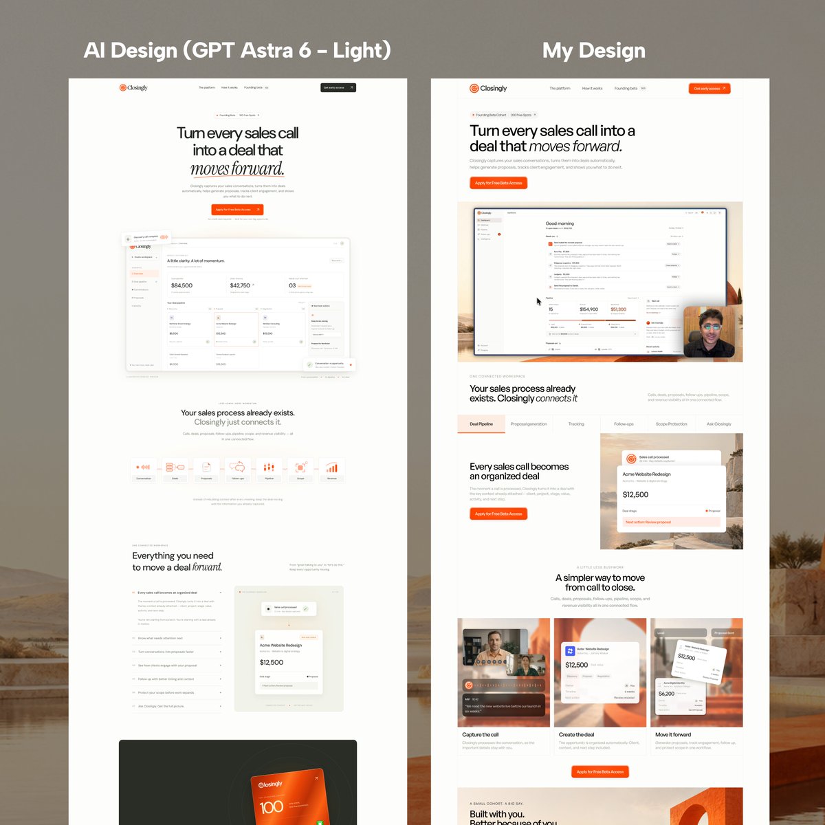 closingly's tweet photo. 1/6

GPT-6 Astra designed my startup’s landing page.

It looked like the work I sold on Fiverr for $150 three years ago.

Every client gave that work 5 stars.

That explains a lot about why founders are happy with AI design. https://t.co/IbxJiSWCeI