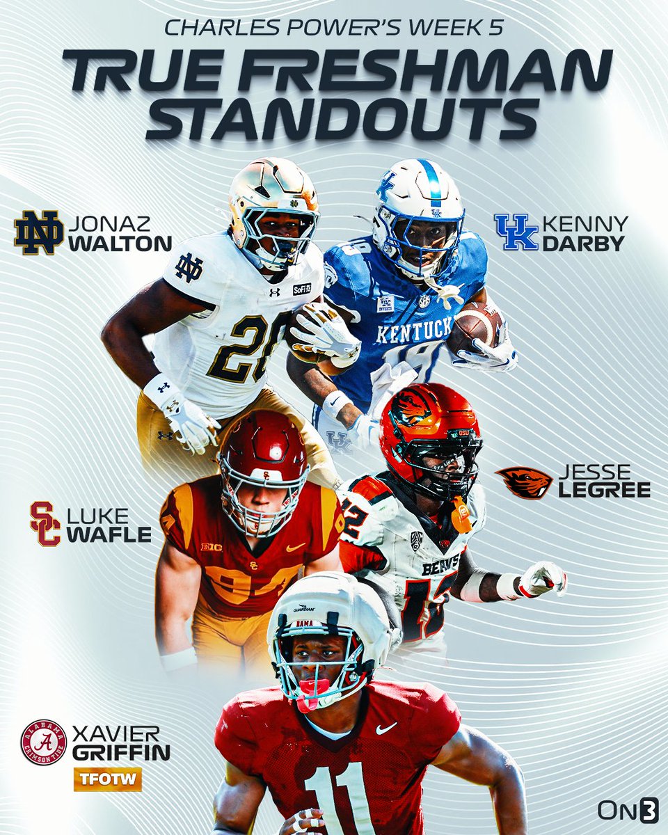 On3's tweet photo. NEW: Week 5 College Football True Freshman Standouts headlined by Alabama LB Xavier Griffin🐘

(via @CharlesPower) 

https://t.co/bkFHQcG8Jk