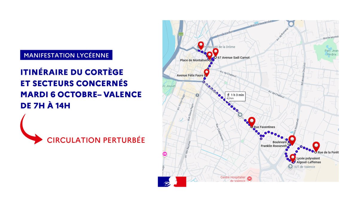 Image de Préfète de la Drôme - #Information | Circulation perturbée
📍Une #manifestation est prévue ce mardi 6 octobre à Valence.