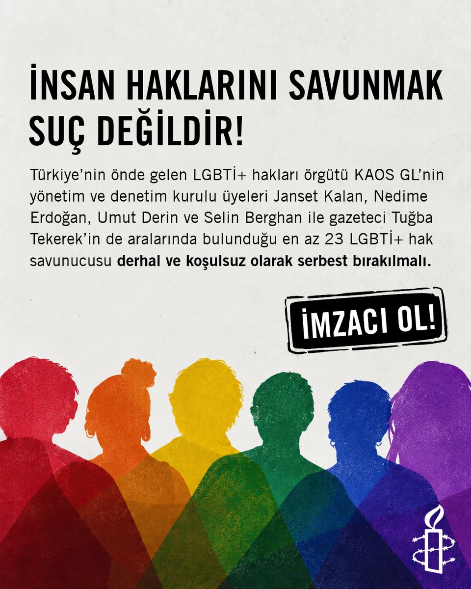 AmnestyTR's tweet photo. 12 Eylül’de başlayan operasyonlarda 100’den fazla kişi gözaltına alındı. En az 23 LGBTİ+ hak savunucusu, “müstehcenlik” ve “Dernekler Kanunu’na muhalefet” suçlamalarıyla tutuklandı.

📵 LGBTİ+ örgütlerinin ve aktivistlerin sosyal medya hesaplarının yanı sıra, LGBTİ+’larla dayanışma gösteren veya operasyonlara ilişkin bilgi paylaşan gazetecilere, insan hakları örgütlerine ve diğer kişilere ait sosyal medya hesaplarına da erişim kısıtlandı. 12 Eylül’den bu yana bu operasyon kapsamında Türkiye’de yüzlerce sosyal medya hesabına erişim engellendi. Tüm bunlar ifade özgürlüğüne yönelik ciddi bir tehdit oluşturuyor.

🏳️‍🌈 12 Eylül’de başlayan baskı dalgası, Türkiye’de LGBTİ+’ların hak ve özgürlüklerine yönelik saldırılarda ve bu hakları savunanların kriminalize edilmesinde son derece kaygı verici bir tırmanışı gösteriyor.

📣 Yetkililere çağrımız:

▪️ LGBTİ+ hak savunucularını derhal ve koşulsuz serbest bırakın.

▪️ Barışçıl ifade ve örgütlenme özgürlüğüne yönelik baskılara son verin.

▪️ LGBTİ+’ları, hak savunucularını ve gazetecileri kriminalize etmeyin.

İmzacı ol 👉 https://t.co/ONAtLXYKTZ