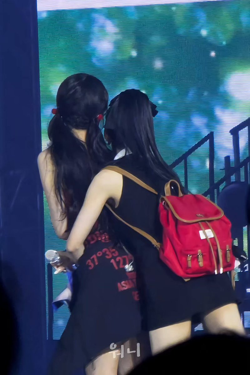 A candid fan photo from a concert showing two figures from behind, one wearing a black dress with red text and the other carrying a red backpack, with '워낙' written at the bottom.
