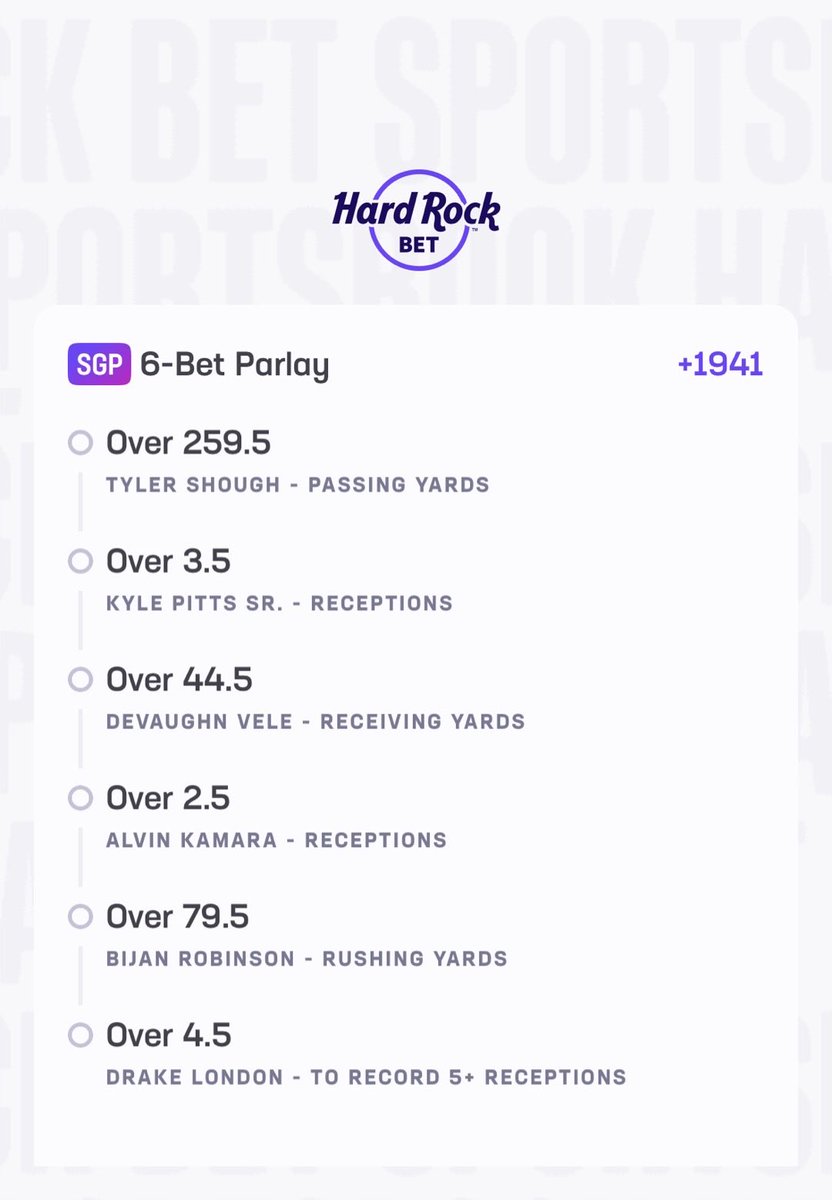 SideLineExperts's tweet photo. MNF VIP CARD🏈
20u Tyler Shough o259.5 passing (-115)💣
20u Bijan Robinson o79.5 rushing + Drake London o4.5 receptions (+110)💣
10u Devaughn Vele o44.5 receiving (-120)
10u Kyle Pitts o2.5 receptions (-145)
10u Alvin Kamara o2.5 receptions + Shough o235.5 passing (+101)
PARLAY⬇️ https://t.co/etjJkpTlbw