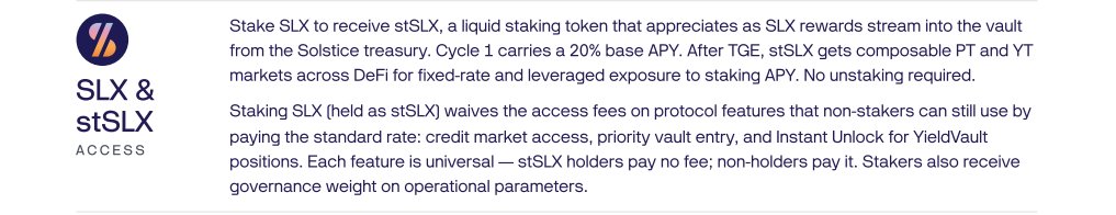 0xTurtleC's tweet photo. TOPIC TODAY: SOLSTICE (solana:SLXdx4BUt2v9uJQNzWqSfzTJ9UKLUDsvxHFMEEdrfgq )
_____________________________________________________________

Solstice: Good Protocol ≠ Good Token

Solstice has ~$212M in TVL.

solana:SLXdx4BUt2v9uJQNzWqSfzTJ9UKLUDsvxHFMEEdrfgq has a market cap of only ~$15M and is down more than 90% from its ATH.

Cheap?
Maybe.

But after digging deeper into Solstice, I think there is a much more important question than price:

Is Solstice becoming more valuable… and does that value actually flow back to solana:SLXdx4BUt2v9uJQNzWqSfzTJ9UKLUDsvxHFMEEdrfgq?

Because these are not the same thing.

Solstice is not just a narrative.

USX and eUSX are live. There is real capital inside the ecosystem, institutional infrastructure is being built, and Deus X Capital has been deeply involved from the beginning.

But solana:SLXdx4BUt2v9uJQNzWqSfzTJ9UKLUDsvxHFMEEdrfgq is not equity.

Holding SLX does not mean you own part of Solstice revenue or profits.

The token works more like an access key.

Stake SLX → receive stSLX → gain priority access to vaults, credit markets, Instant Unlock, governance and other ecosystem benefits.

So the bull thesis is actually quite simple:

More Solstice usage
→ more demand for access
→ more SLX needs to be bought and staked
→ less liquid supply
→ stronger structural demand for SLX.
The model makes sense.
The problem?
We still need to prove that this flywheel is actually happening.
There is also another side of the equation: supply.

1B SLX exists.

Foundation, Team & Advisors, Community and Strategic TVL Partners still control large allocations, with more tokens continuing to unlock over time.

And then there is Deus X.

Deus X didn’t simply invest in Solstice.

They funded it, supplied meaningful launch capital, share senior people across the ecosystem, and operate businesses covering trading, liquidity and credit.

That can be a huge advantage.

But it also creates an important research question:

How much of Solstice’s TVL comes from truly independent users and institutions…

and how much is related to the Deus X ecosystem itself?

This is why I currently separate the thesis into two parts:

Solstice the protocol: interesting.

solana:SLXdx4BUt2v9uJQNzWqSfzTJ9UKLUDsvxHFMEEdrfgq the long-term investment: still needs to prove itself.

Before I build real conviction, I want answers to 3 questions:

Who owns the TVL?

Who controls the supply?

And most importantly:

Does protocol growth actually create real, measurable demand for solana:SLXdx4BUt2v9uJQNzWqSfzTJ9UKLUDsvxHFMEEdrfgq?

If the answer to all three becomes clear, today’s valuation could become very interesting.

Until then, I’m not interested in calling SLX “cheap” just because it is down 90%.

I’d rather understand why it deserves to go back up.

NFA. Research first.

#TURTLEC #SLX