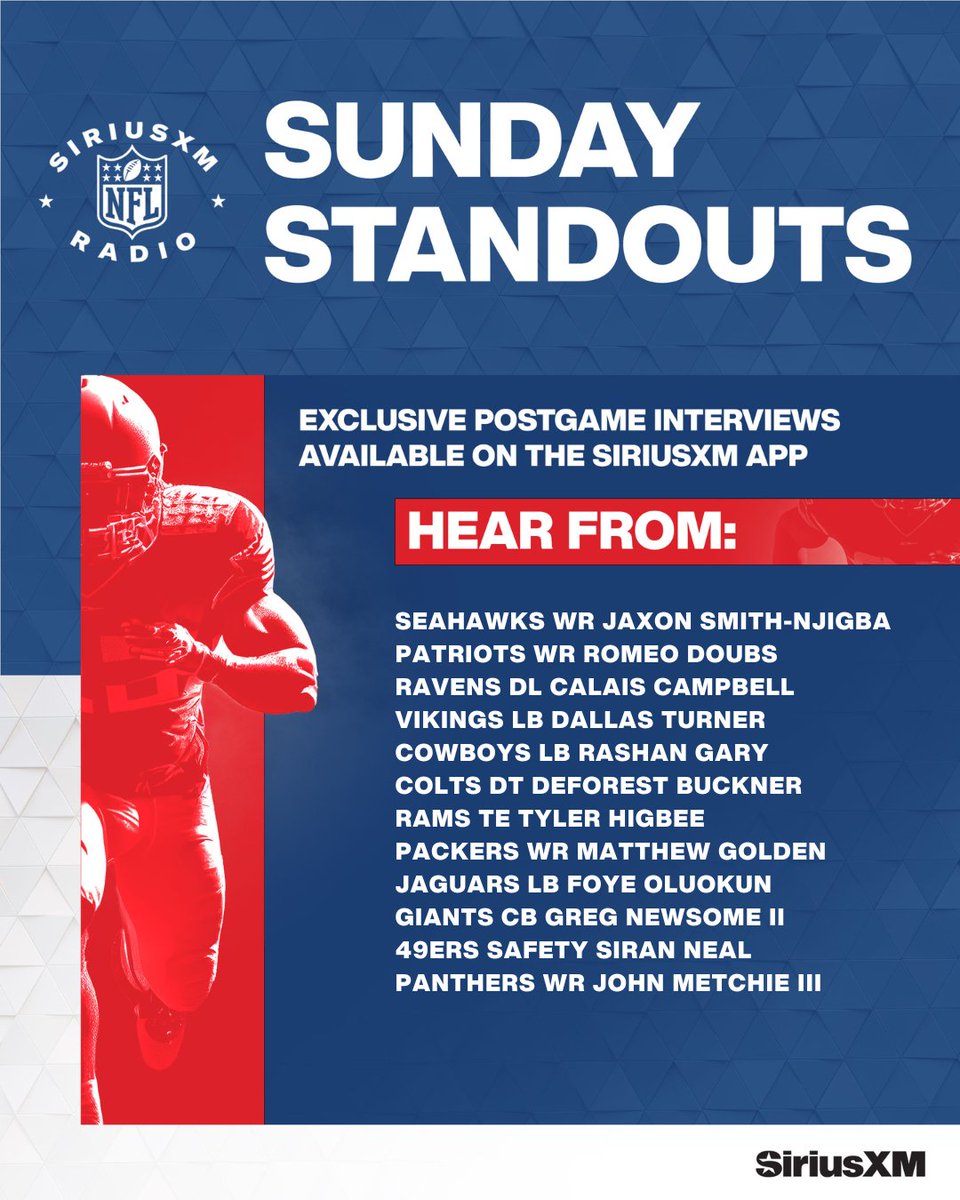 SiriusXMNFL's tweet photo. Sunday Standouts: Week 4⃣

🏈 Patriots beat the Bills
🏈 Vikings are 4-0
🏈 Seahawks hold off the Chargers

Hear from the players that had an impact in their team's win around the @NFL on the @SiriusXM app!

🔗 https://t.co/ycO6aUT0AG https://t.co/KWvJTUloeM