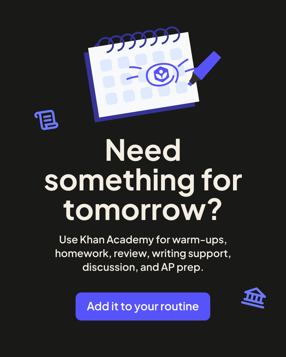 khanacademy's tweet photo. Still planning tomorrow?

Find free videos, articles, exercises, and writing support for AP U.S. History, AP Gov, U.S. History, and Government and Civics.

Choose what fits and assign it: https://t.co/eqibFuOHta

Made possible with support from the Andrew Carnegie Foundation. https://t.co/Flitroy7ss