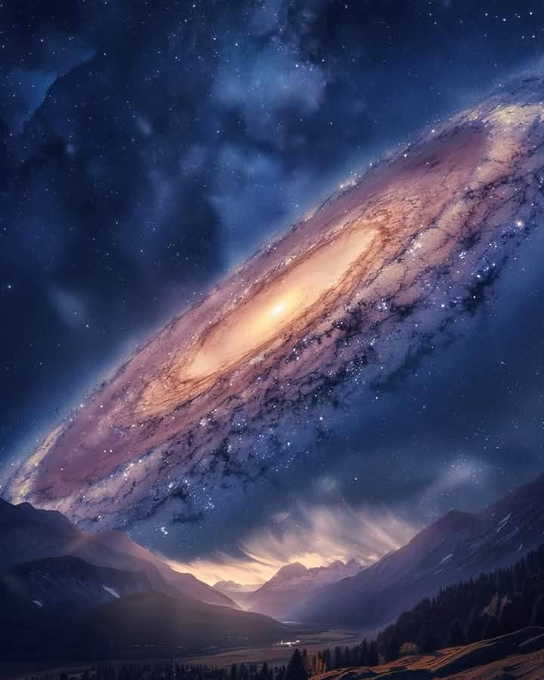 A digital artwork depicting a massive spiral galaxy filling the night sky above a mountainous landscape.