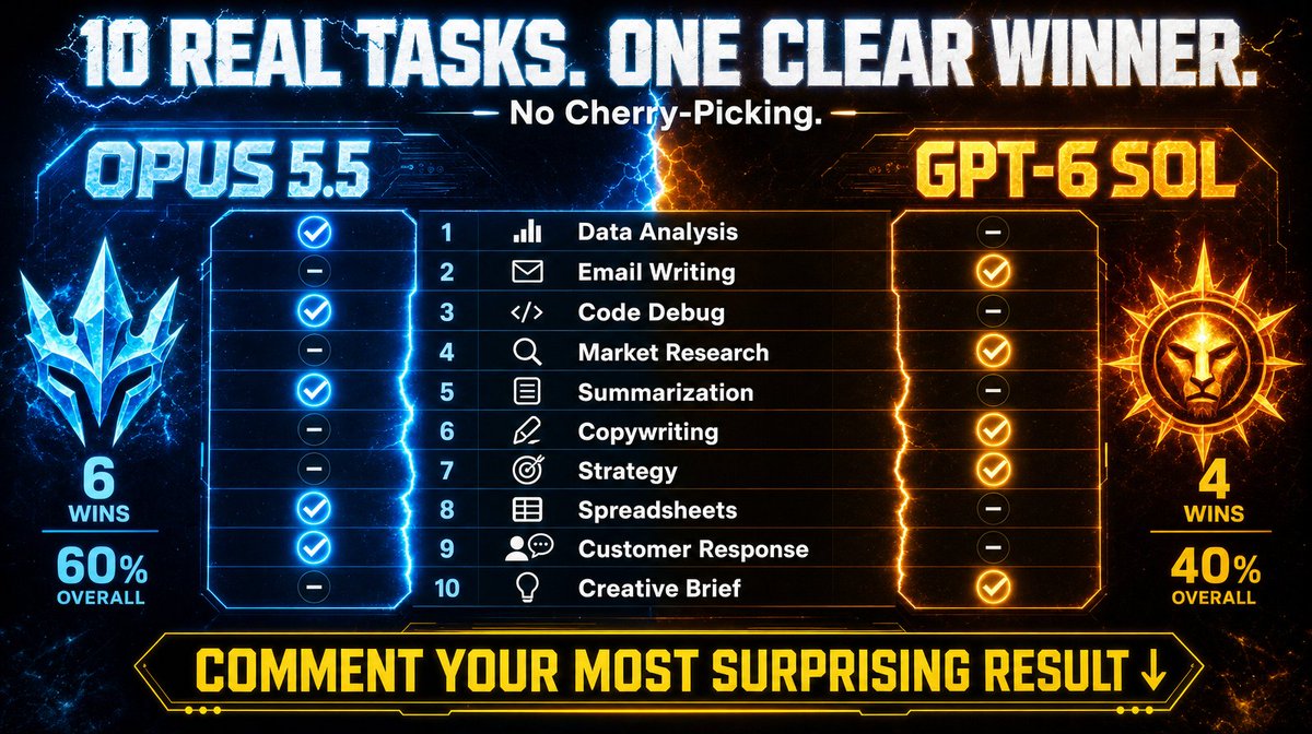 LawtonSolution's tweet photo. Opus 5.5 vs GPT-6 Sol.

10 real business tasks.

No cherry-picking.

Clear winner declared for each.

Which result surprised you most? Comment below.

Subscribe — GPT-6 Astra matchup drops next. https://t.co/D7PRV0vO1v