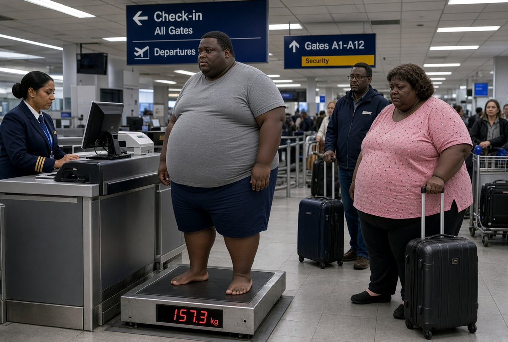 realpeteyb123's tweet photo. Airlines need to charge obese passengers extra, not checked bags. 

Weigh them on the same scale as luggage, over the limit, your fat ass pays a fee. 

Also use a seat-fit test like carry-ons, if you don’t fit in one seat, you need to buy another seat or can’t fly. https://t.co/yhUrc1GY5E