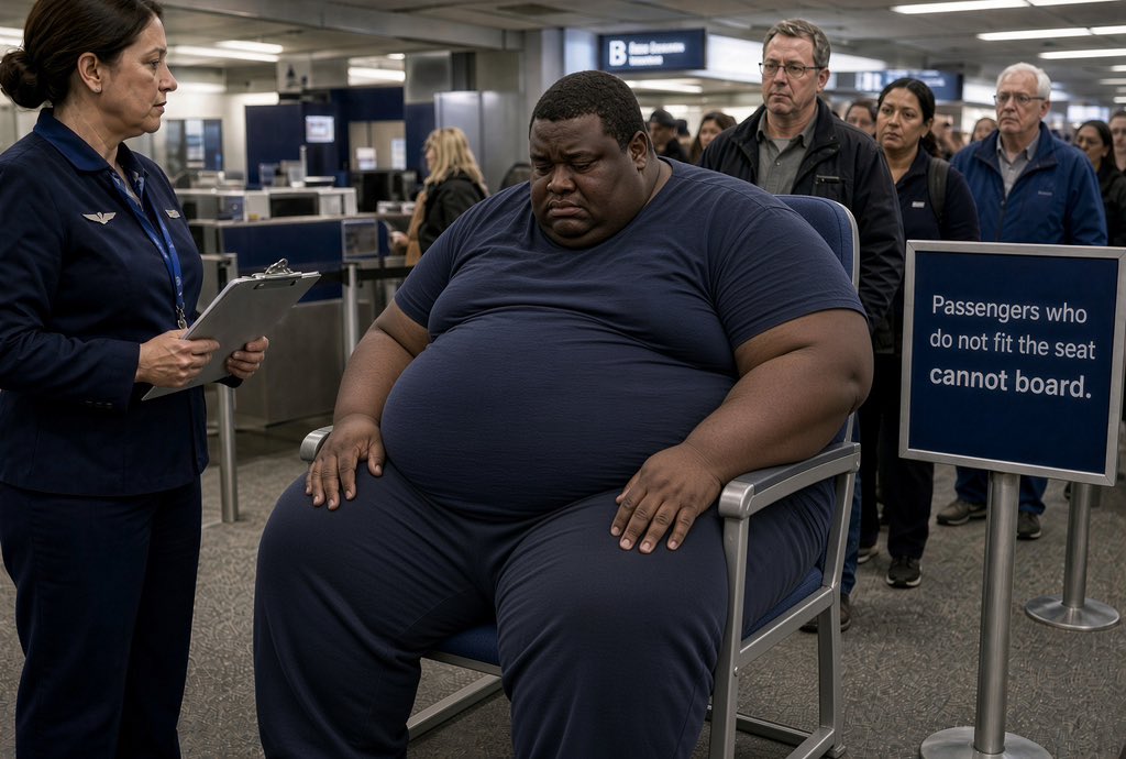 realpeteyb123's tweet photo. Airlines need to charge obese passengers extra, not checked bags. 

Weigh them on the same scale as luggage, over the limit, your fat ass pays a fee. 

Also use a seat-fit test like carry-ons, if you don’t fit in one seat, you need to buy another seat or can’t fly. https://t.co/yhUrc1GY5E