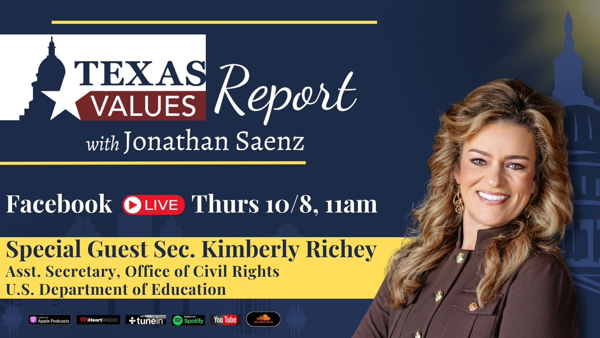 txvalues's tweet photo. Join us live on #TexasValuesReport Thursday, October 8th at 11AM with special guest Sec. Kimberly Richey, Asst. Secretary, Office of Civil Rights at @usedgov, & host @jonathansaenzTX, President & Attorney for Texas Values, as they discuss the recent victory for women & girls in sports after the U.S. Department of Education restored Title IX by rescinding the Biden administration’s illegal Title IX rewrite. https://t.co/VfLcG5oRtk