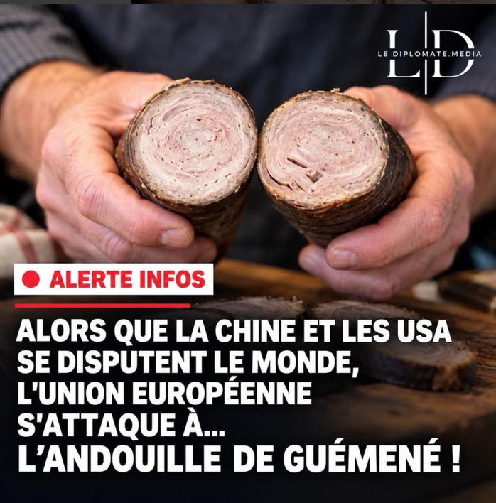 JCondamine's tweet photo. ALORS QUE LA CHINE ET LES ÉTATS-UNIS SE DISPUTENT LE MONDE, BRUXELLES S’OCCUPE… DE L’ANDOUILLE DE GUÉMENÉ ! https://t.co/fWRGRgjuyd