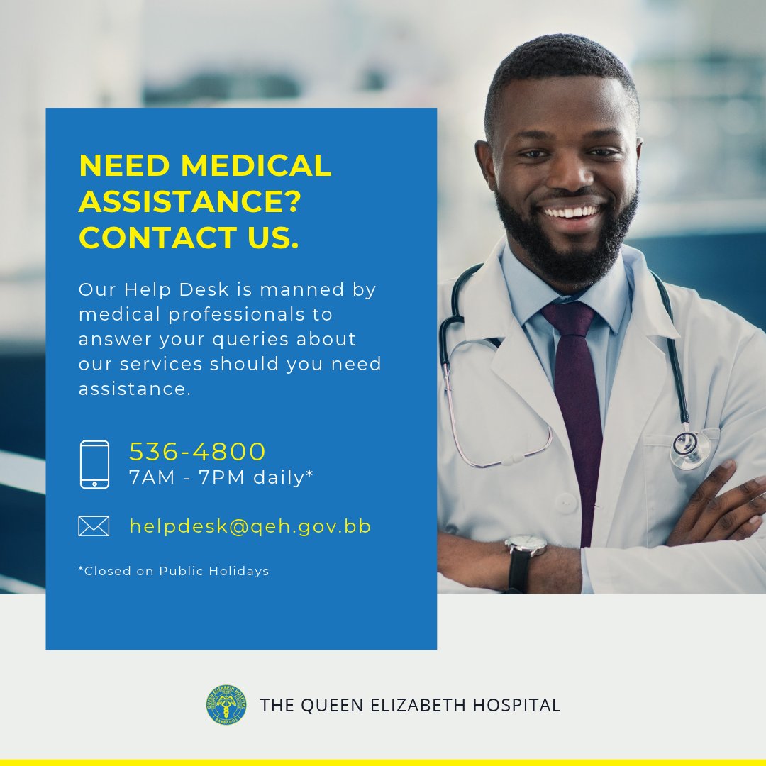 qehconnect's tweet photo. Need assistance or have a question? Our Help Desk team is available daily from 7:00 a.m. to 7:00 p.m.* to support you by phone or WhatsApp at 536-4800, or via email at helpdesk@qeh.gov.bb.
#QEHBarbados #QEH #HelpDesk #Barbados
*Closed on public holidays. https://t.co/MXop8IToI3