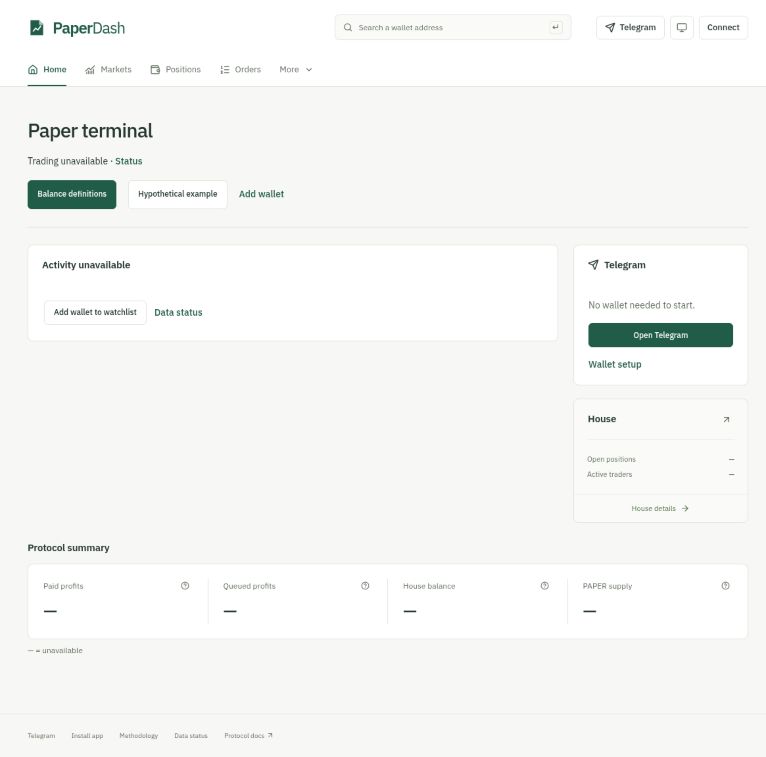paperdash_xyz's tweet photo. An early look at PaperDash, an independent terminal for Paper.

The goal: follow traders, understand positions and eventually execute in one place.

Explore the UI and save a browser watchlist today. Live data and trading are unavailable.

https://t.co/SU5NA6IjR8 https://t.co/fuMb2yH9KI
