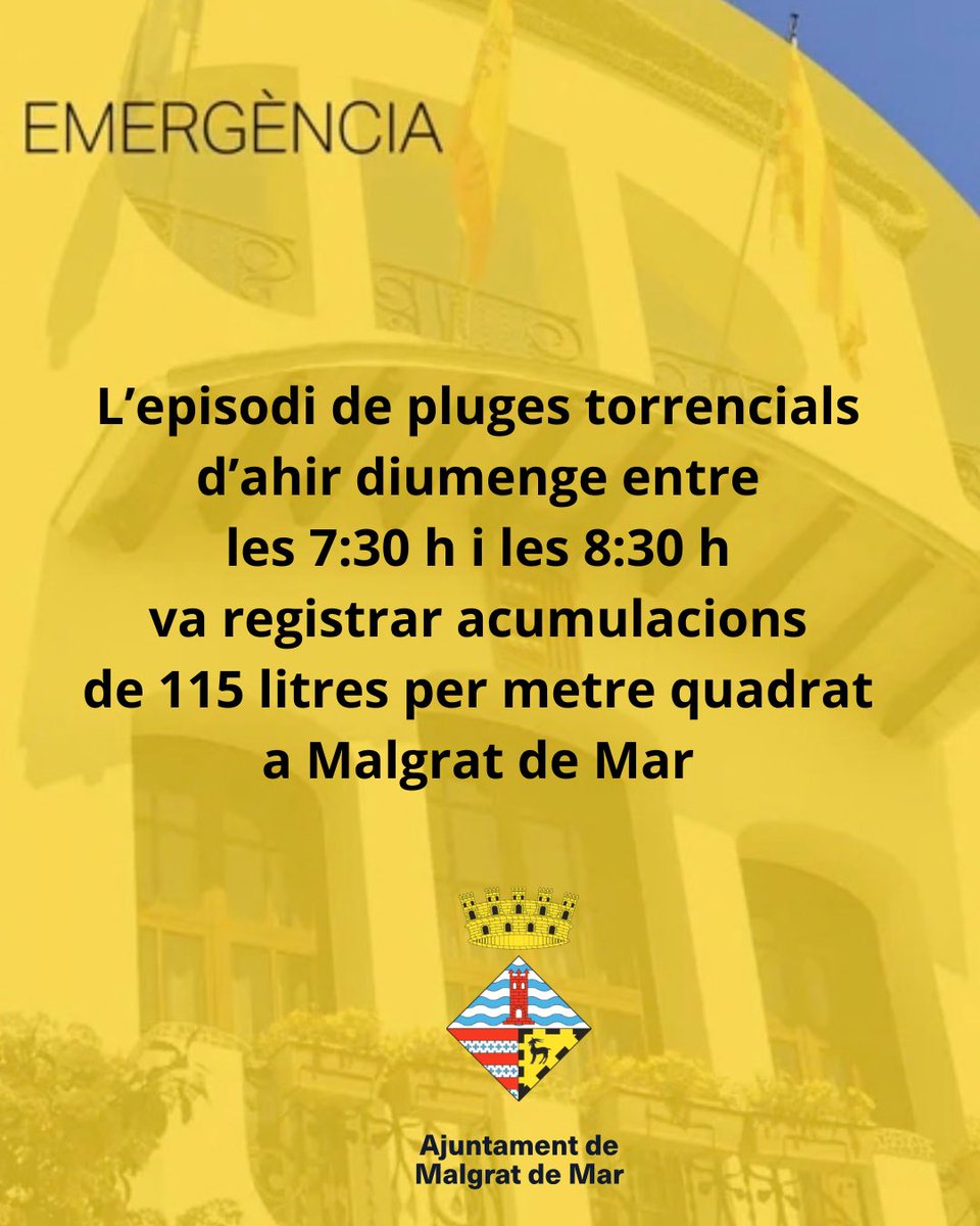 ajmalgrat's tweet photo. ⚠️𝗣𝗹𝗮 𝗲𝗺𝗲𝗿𝗴è𝗻𝗰𝗶𝗲𝘀 𝗽𝗲𝗿 𝗶𝗻𝘂𝗻𝗱𝗮𝗰𝗶𝗼𝗻𝘀 (𝗜𝗡𝗨𝗡𝗖𝗔𝗧)

‼️ L’episodi de pluges torrencials d’ahir diumenge entre les 7:30 h i les 8:30 h va registrar acumulacions de 115 litres per metre quadrat a Malgrat de Mar https://t.co/eQhN7Le5sR