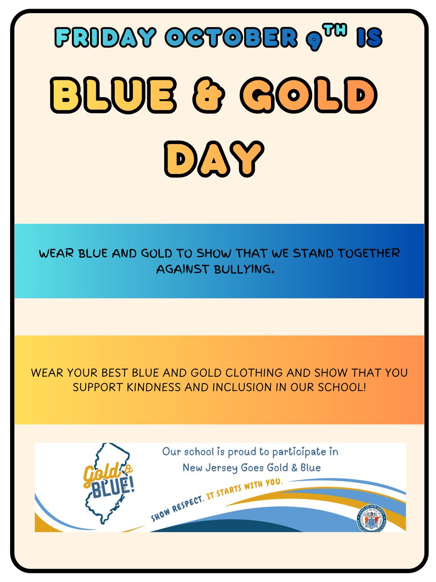 SCVTS's tweet photo. It's the NJ Week of Respect, and our friends at the Impact Club encourage all Salem Tech students and staff to wear BLUE and GOLD on Friday, October 9 to show support for schoolwide respect/kindness and to take a stand against bullying.
#NJWeekofRespect https://t.co/AaQYFUYqyD