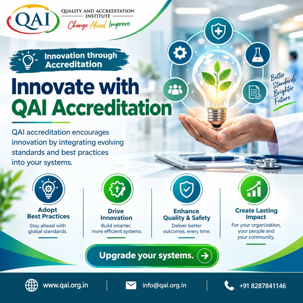 QAI2017's tweet photo. Innovation starts with better standards. 

QAI Accreditation helps healthcare institutions integrate evolving standards and best practices into their systems—driving smarter processes, continuous improvement &amp; better care.

Upgrade your systems. Build for tomorrow.

#QAI https://t.co/aPAFviwjWy