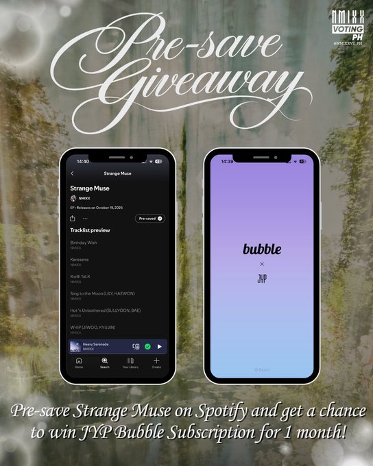 A promotional poster for a 'Pre-save Giveaway' featuring two phone screenshots—one showing a Spotify tracklist for 'Strange Muse' by NMIXX and another displaying a 'bubble x JYP' graphic—offering a chance to win a 1-month JYP Bubble subscription.