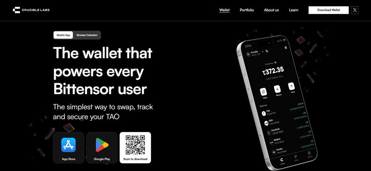 LakePtr's tweet photo. @CrucibleLabs is a self-custody wallet for Bittensor on iOS and Android. The iOS app is in Canada now, too.

TAO and subnet tokens sit in one view on the phone. Stake and unstake from there. Swap. Send and receive TAO and alpha. The portfolio and PnL show what the position is doing without a second tab. Ledger if the keys should stay off the device. The validator stays a choice. No hidden Crucible fee on top of the chain.

That’s the use. Check the stake between things. Move alpha without waiting for a laptop. Keep the keys. The app doesn’t pick a validator, and it doesn’t hold the funds.

https://t.co/CW1V8zg1JA