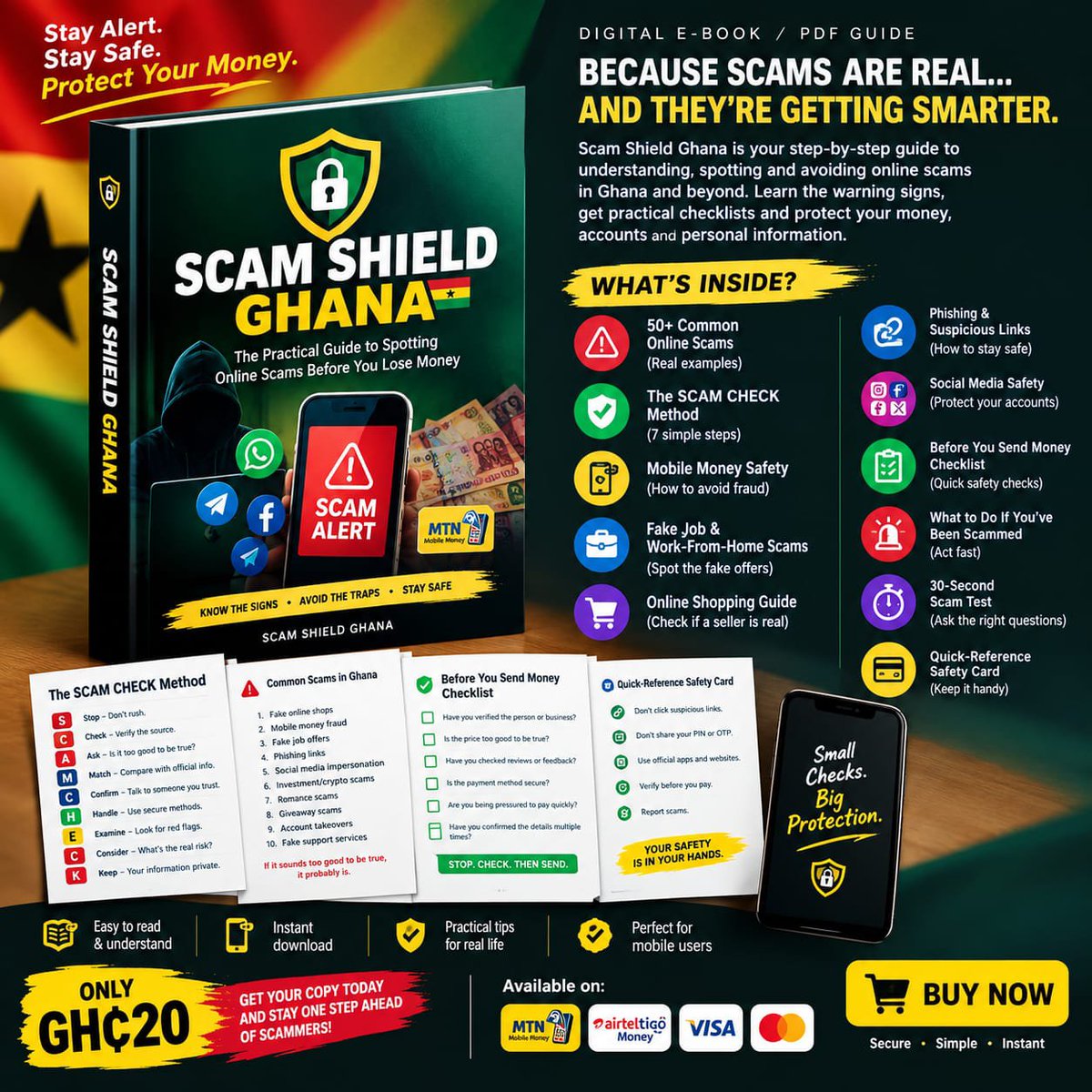 90s_IslandG's tweet photo. Scams are getting smarter. Don’t let your money be the lesson.

Scam Shield Ghana shows you how to spot fake jobs, mobile money fraud, phishing links and the other traps before you send a cedi.

GH₵20. Instant download.

Stay alert. Protect your money. https://t.co/fin4mmDW8j