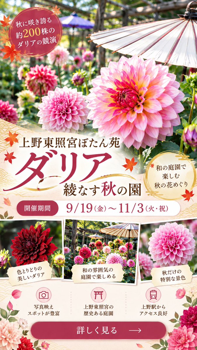 SANACAly's tweet photo. 🍁2026年秋、どこに行く？

今行きたい期間限定のお出かけスポット6選✨

秋��らではの絶景も、幻想的な夜景も楽しみたい🍂

気になる場所は保��して、お出かけ計画に役立ててね！

※開催日・開花状況は公式サイトで最新情報をご確認ください。

続く👇

#秋のお出かけ #関東お出かけ #秋の絶景 https://t.co/XggM7QSmQk