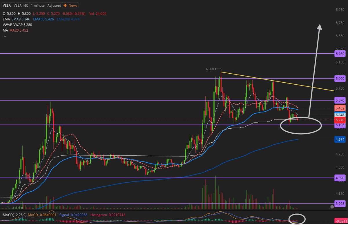 $VEEA 5.2 and 4.9 are supports  
downtrend breakout will send it 5.9 > 6.28 > 7.5 > 8.88 
 [📷](https://pbs.twimg.com/media/HT3ajLJXYAEes7U.jpg) https://pbs.twi