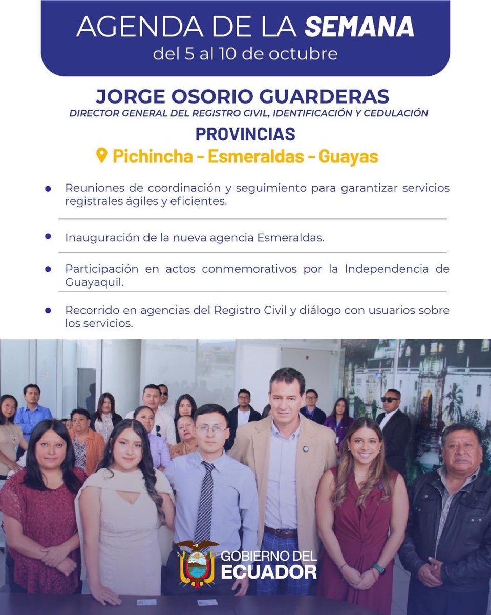 RegistroCivilec's tweet photo. Trabajamos en territorio para garantizar servicios de calidad! 🇪🇨 Te contamos la agenda del director general, @JorgeOsorioEc, esta semana. https://t.co/cOdxV692WU