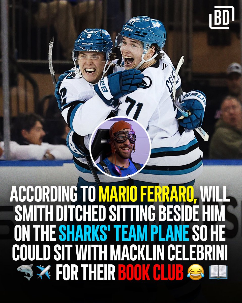 BarDown's tweet photo. According to Mario Ferraro, Will Smith ditched sitting beside him on the plane to read for his book club with Macklin Celebrini 😂📖🛩️

We had @NHLJets players tell their best travelling stories while participating in a flight simulator 👀. Full video is now on our YouTube channel ▶️ https://t.co/21S9tGDs2l