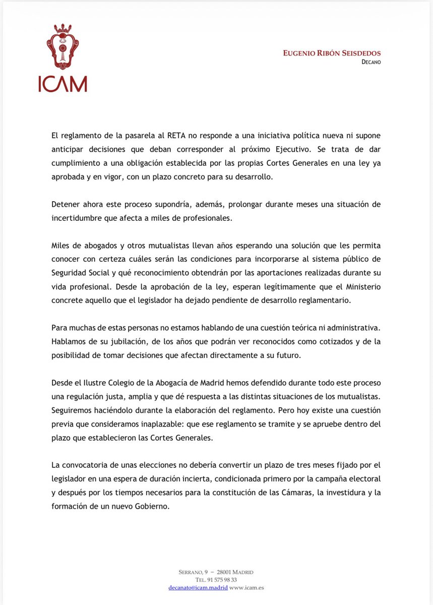 EugenioRibon's tweet photo. He remitido una carta a la ministra de @inclusiongob para pedir que la convocatoria electoral no paralice el desarrollo de la pasarela al RETA.

Miles de abogados esperan una respuesta. Existe un mandato legal y un plazo fijado por las Cortes Generales. 

Debe cumplirse. https://t.co/8DBOUyPbd1