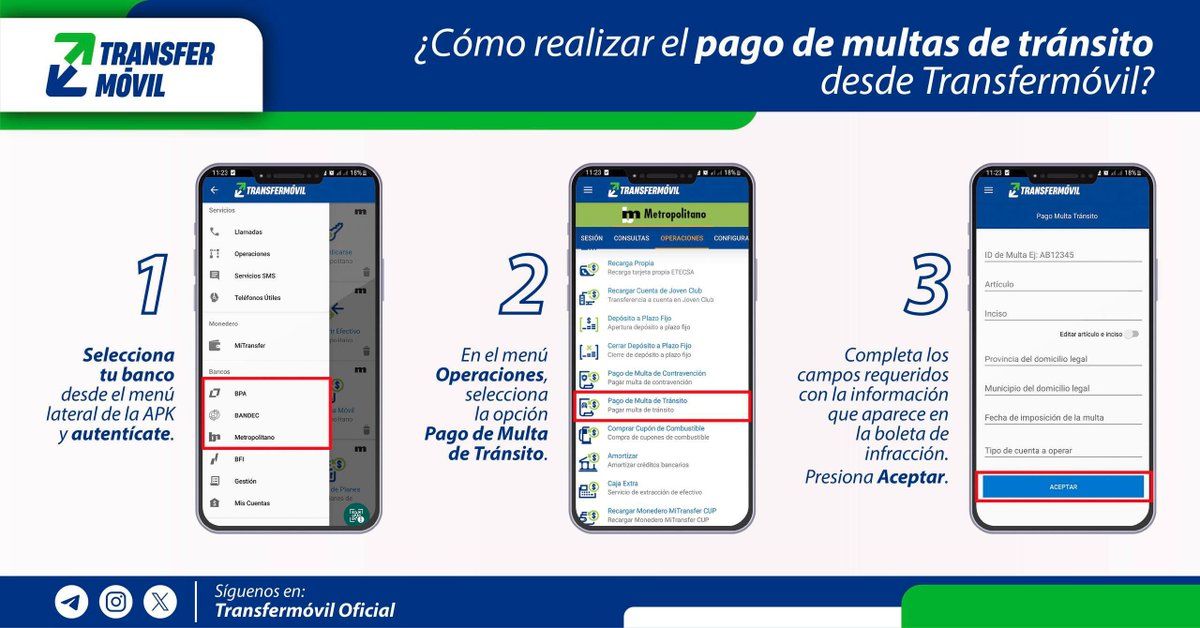 lizt_my45919's tweet photo. ¿Sabes cómo pagar multas de tránsito desde Transfermóvil? 🚗

Sigue los sencillos pasos que te mostramos en la imagen. 📎

¡Paga al instante! 😉

#EtecsaConCuba 
#EtecsaMayabeque
#Mayabeque https://t.co/8j3Vs6fuwW