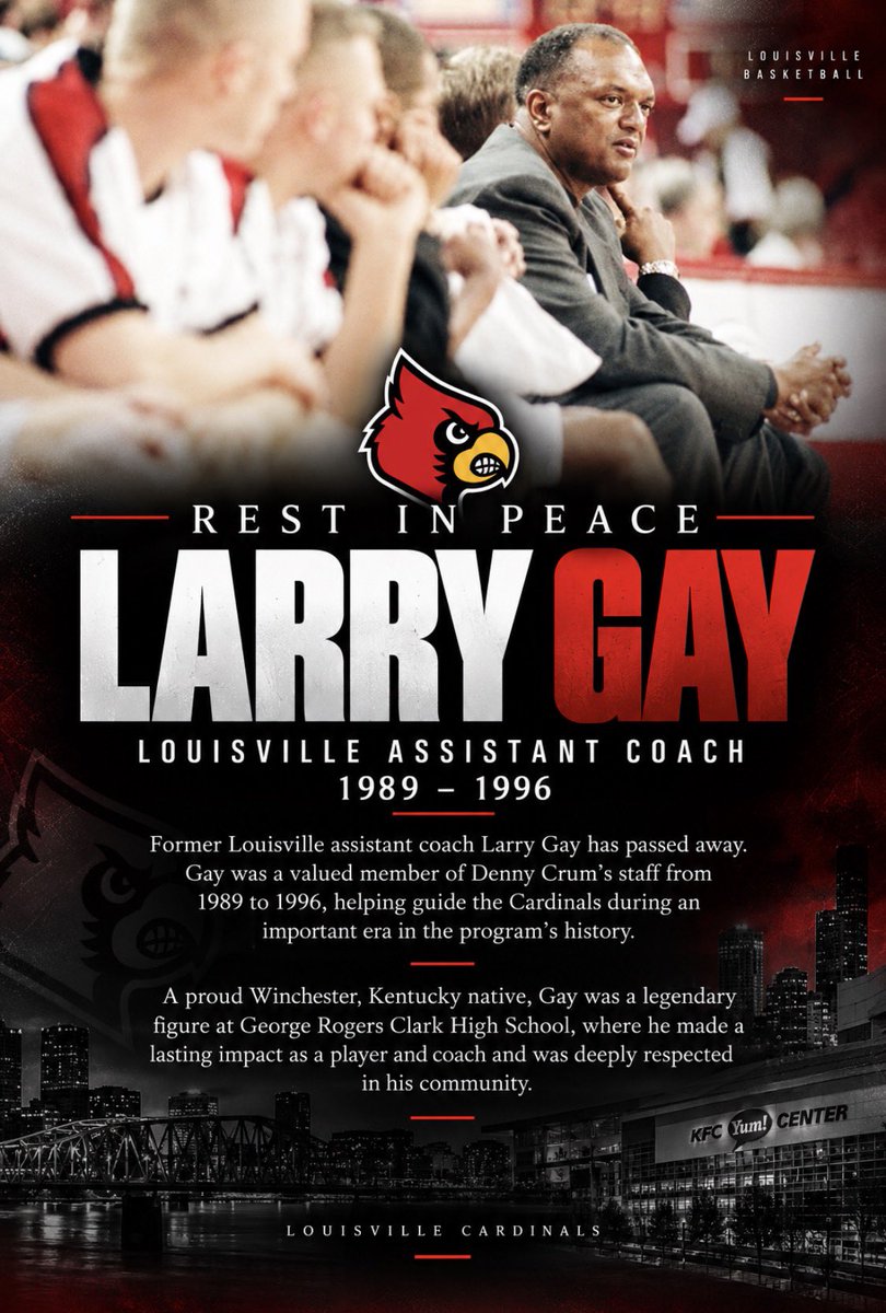 35KYSportsMedia's tweet photo. Rest in peace to former Louisville men’s basketball assistant coach Larry Gay, who passed away at the age of 75.

A Winchester, Kentucky native and standout at George Rogers Clark High School, Gay went on to play college basketball at Florida State, where he was a three-year letterman from 1971-74. He was a member of the Seminoles’ historic 1971-72 team that advanced all the way to the NCAA championship game, where Florida State fell to UCLA and John Wooden.

Gay eventually returned to Kentucky and became part of another storied college basketball program, spending seven seasons on Denny Crum’s staff at Louisville from 1989-96. During his time on the Cardinals’ bench, Louisville made six NCAA Tournament appearances, including a trip to the Sweet 16 in 1993.

From Winchester to Florida State and eventually Louisville, Gay spent a significant portion of his life around the game of basketball and made an impact at every stop.

Our thoughts are with Coach Gay’s family, friends, former teammates, players and everyone whose life he touched.

Rest in peace, Coach Larry Gay. 🕊️