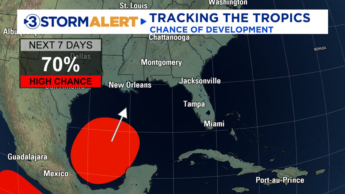Local3Weather's tweet photo. A broad area of low pressure has developed in the southwestern Gulf, just off the eastern coast of Mexico. The National Hurricane Center is now giving this system a 70% chance of becoming at least a tropical depression over the next 7 days. We will have to iron out the details throughout the week, but rain looks likely late Saturday into Sunday for now.

We will have a better idea of strength, timing, and possible local impacts from this system once a defined center of circulation develops. The next name up on the Atlantic hurricane list is Isaias (ees-ah-EE-ahs). More updates to follow!