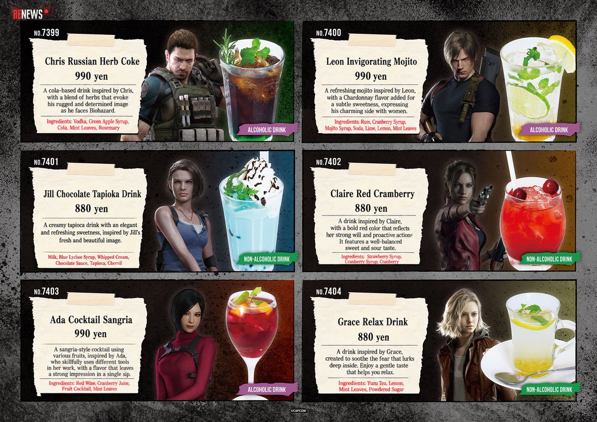 RENews_X's tweet photo. 🍽️ New Resident Evil 30th Anniversary Food & Drink Menu x Pasela Resorts.

The collaboration runs from October 13 to December 7 at select Pasela Resorts locations in Tokyo, Yokohama, and Osaka, featuring a special Resident Evil themed menu and order bonuses.

🥘 Food & desserts 🥘
• Duke’s Kitchen Bird and Beast Energy Platter
• 30th Anniversary Special Umbrella Margherita
• Zombie's Eye Keema Curry
• Umbrella Corporation Special Parfait with Antidote
• Biohazard Special Petit Honey Toast

🍹Character Drinks🍹
• Chris Russian Herb Coke
• Leon Invigorating Mojito
• Jill Chocolate Tapioca Drink
• Claire Red Cranberry
• Ada Cocktail Sangria
• Grace Relax Drink

Each food or dessert comes with one random postcard from 10 designs, while each drink comes with one random character card from 14 designs.

More info: https://t.co/2sEEYhevNo