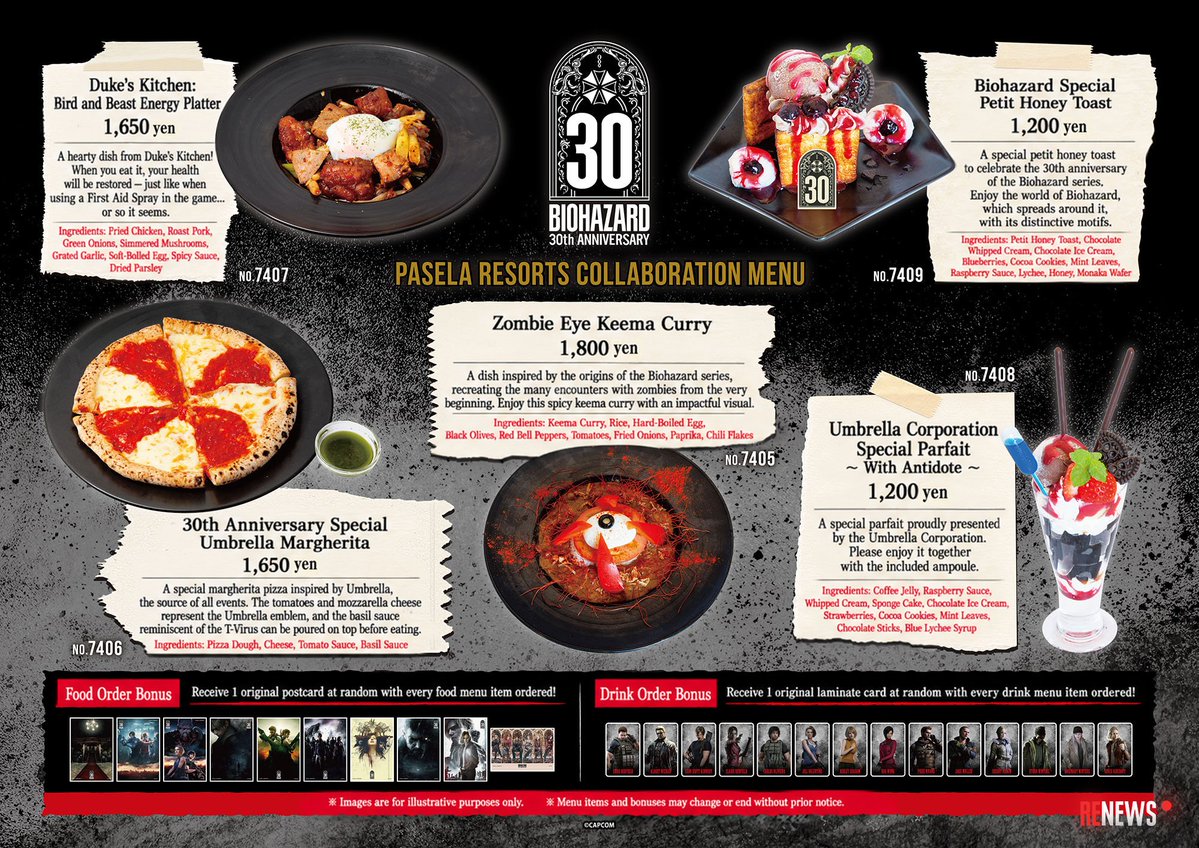 RENews_X's tweet photo. 🍽️ New Resident Evil 30th Anniversary Food & Drink Menu x Pasela Resorts.

The collaboration runs from October 13 to December 7 at select Pasela Resorts locations in Tokyo, Yokohama, and Osaka, featuring a special Resident Evil themed menu and order bonuses.

🥘 Food & desserts 🥘
• Duke’s Kitchen Bird and Beast Energy Platter
• 30th Anniversary Special Umbrella Margherita
• Zombie's Eye Keema Curry
• Umbrella Corporation Special Parfait with Antidote
• Biohazard Special Petit Honey Toast

🍹Character Drinks🍹
• Chris Russian Herb Coke
• Leon Invigorating Mojito
• Jill Chocolate Tapioca Drink
• Claire Red Cranberry
• Ada Cocktail Sangria
• Grace Relax Drink

Each food or dessert comes with one random postcard from 10 designs, while each drink comes with one random character card from 14 designs.

More info: https://t.co/2sEEYhevNo