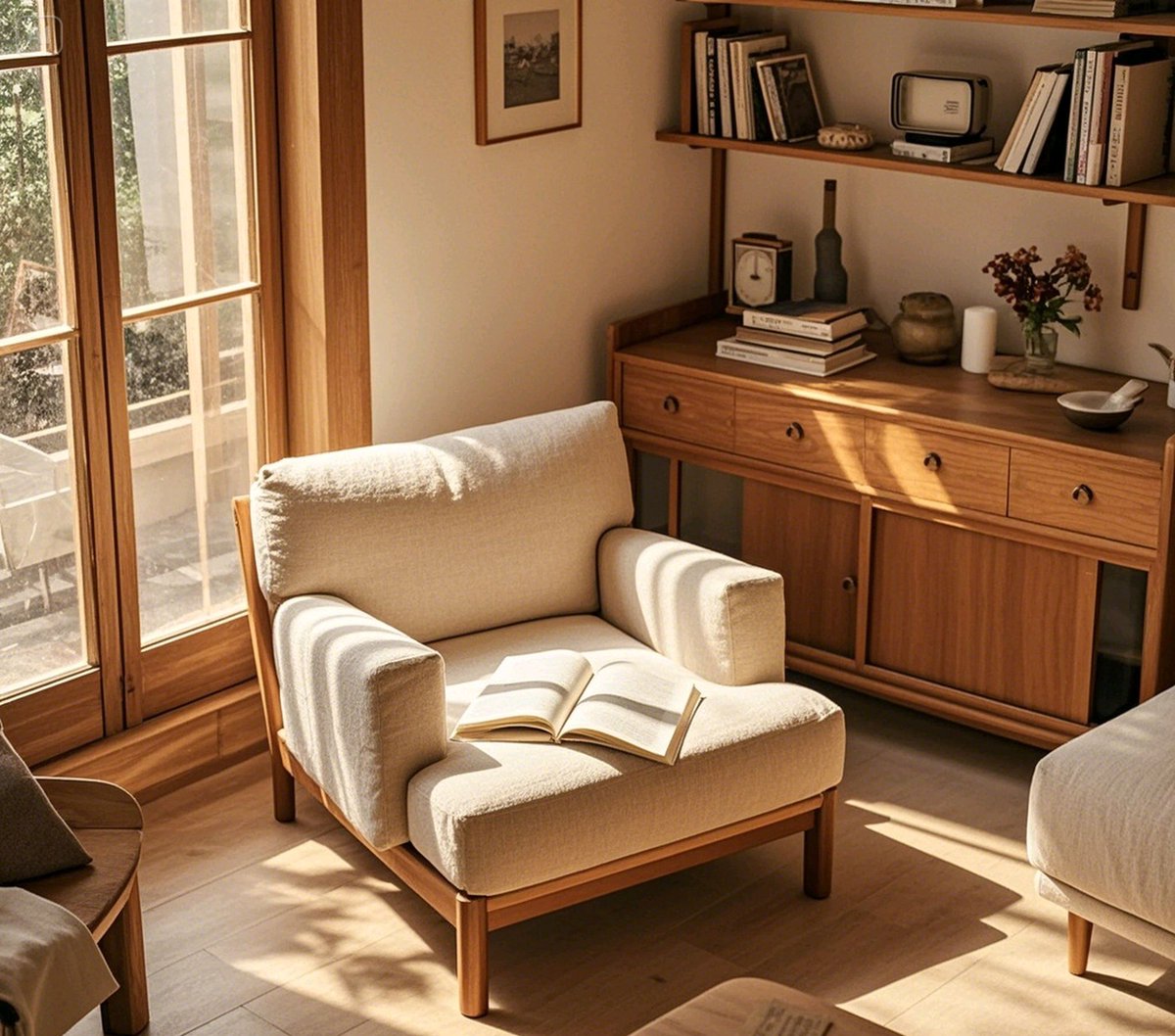 ConcettaRivw's tweet photo. [En un rincón tranquilo, una silla con respaldo cómodo y detalles de madera cálida invita a descansar después de un día ajetreado]， https://t.co/sZsVga5sb4