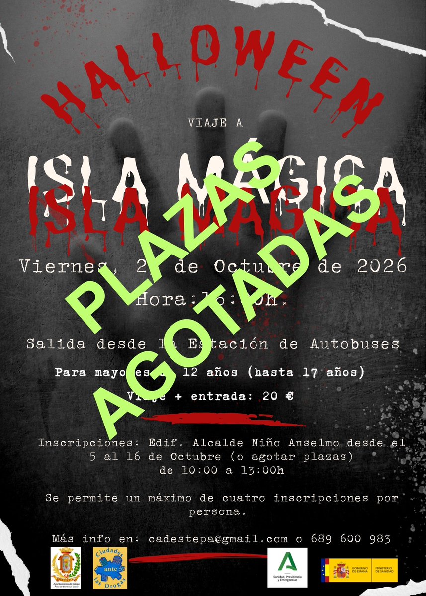 AytodeEstepa's tweet photo. ¡¡NOS VAMOS A ISLA MÁGICA!!
Pasaremos una tarde-noche terrorífica.
Fecha: 23/10/2026.
Horario: Salida a las 16:00h y vuelta después del espectáculo nocturno.
Punto de salida/llegada: Estación de Autobuses
Precio: 20 € (bus+entrada).
ENTRADAS AGOTADAS https://t.co/4OVG9aPJjX