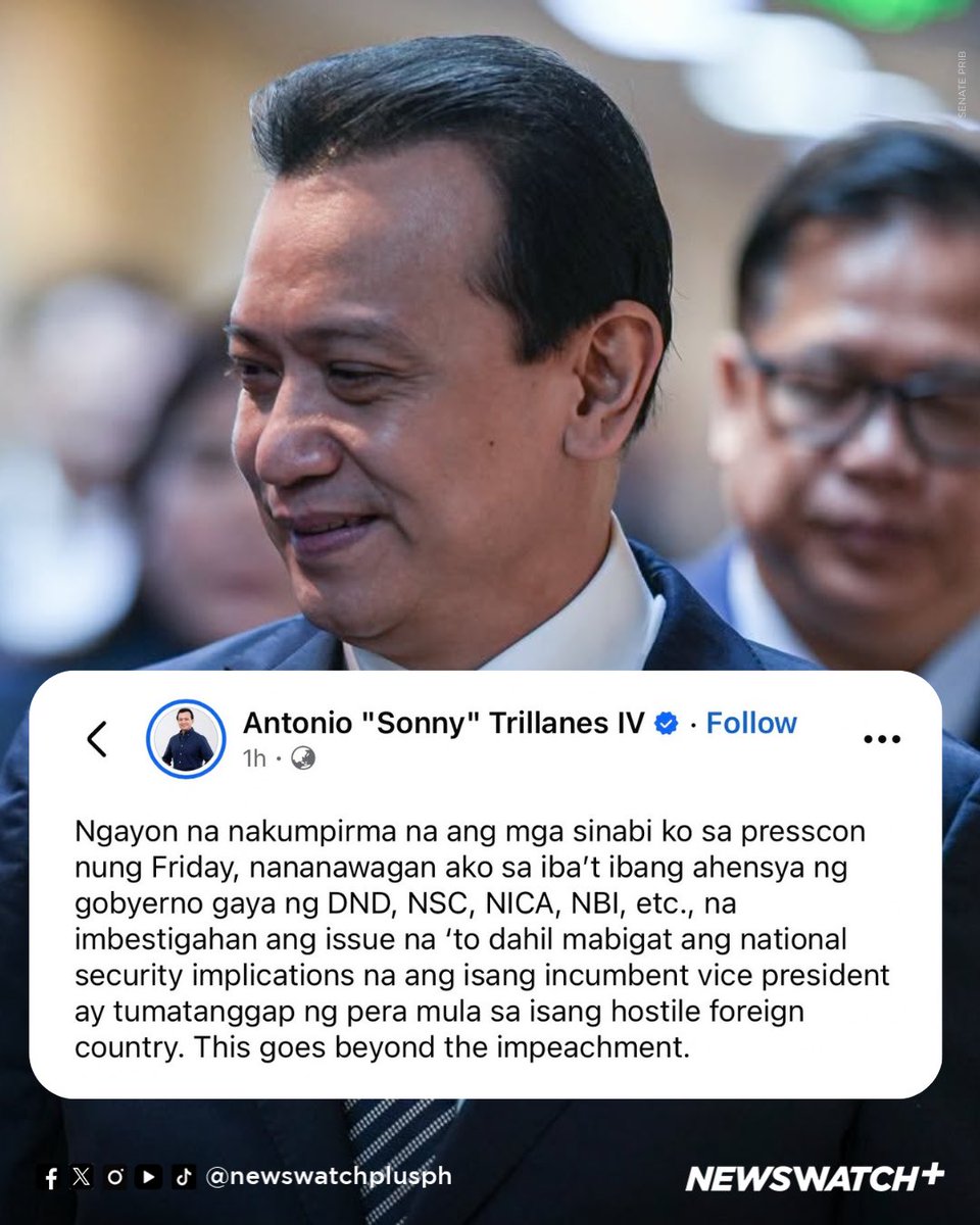 newswatchplusph's tweet photo. TRILLANES ON DUTERTE-CHINA LINK: ‘THIS GOES BEYOND THE IMPEACHMENT’

UPDATE: Former Senator Sonny Trillanes calls on security and investigating agencies to probe his allegations that Vice President Sara Duterte received funding from China, citing national security implications.

Trillanes made the call after AMLC executive director Ronel Buenaventura testified before the Senate impeachment court on financial transactions being examined in connection with the unexplained wealth allegations against Duterte. 

“This goes beyond the impeachment,” Trillanes said. | @TristanNodalo