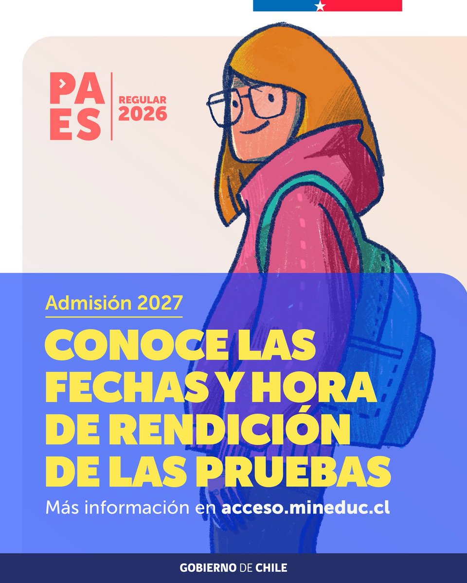 AyudaMineduc's tweet photo. La PAES Regular 2026 se rendirá el lunes 30 de noviembre, martes 1 y miércoles 2 de diciembre.
Revisa aquí los días y los horarios para cada prueba.
*Recuerda que Rapa Nui tiene una hora menos que Chile Continental.
 Más información en https://t.co/MVSV5hPsOJ https://t.co/AfDTAZIHDm