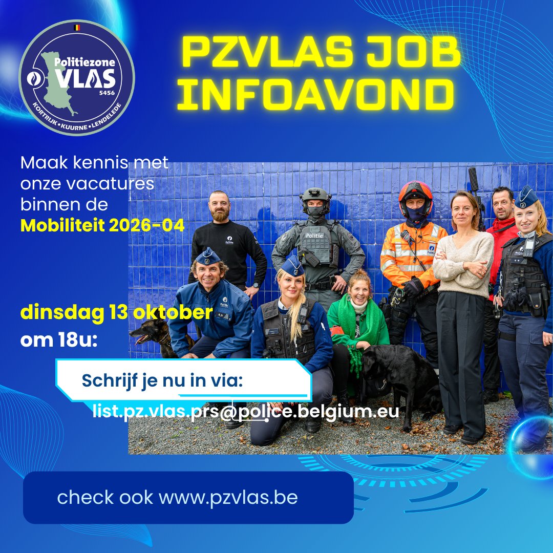 pzvlas's tweet photo. 🎯Volgende week, op dinsdag 13 oktober, stellen wij 16 vacatures voor op onze jobinfoavond ✅Interventie,  Wijk, Sociale Politie &amp; Jeugd, Recherche, Tares, Lokaal Informatiekruispunt, Dispatching en Logistieke Middelen)❗️
👉Alle info hierover vind je via: https://t.co/cGCicZfrEZ https://t.co/EGIGR8nKvo
