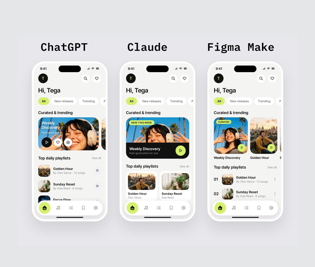 Tegadesigns's tweet photo. Same prompt . ChatGPT vs Claude vs Figma Make Pick your winner 👇 https://t.co/3aYPOM4eaJ