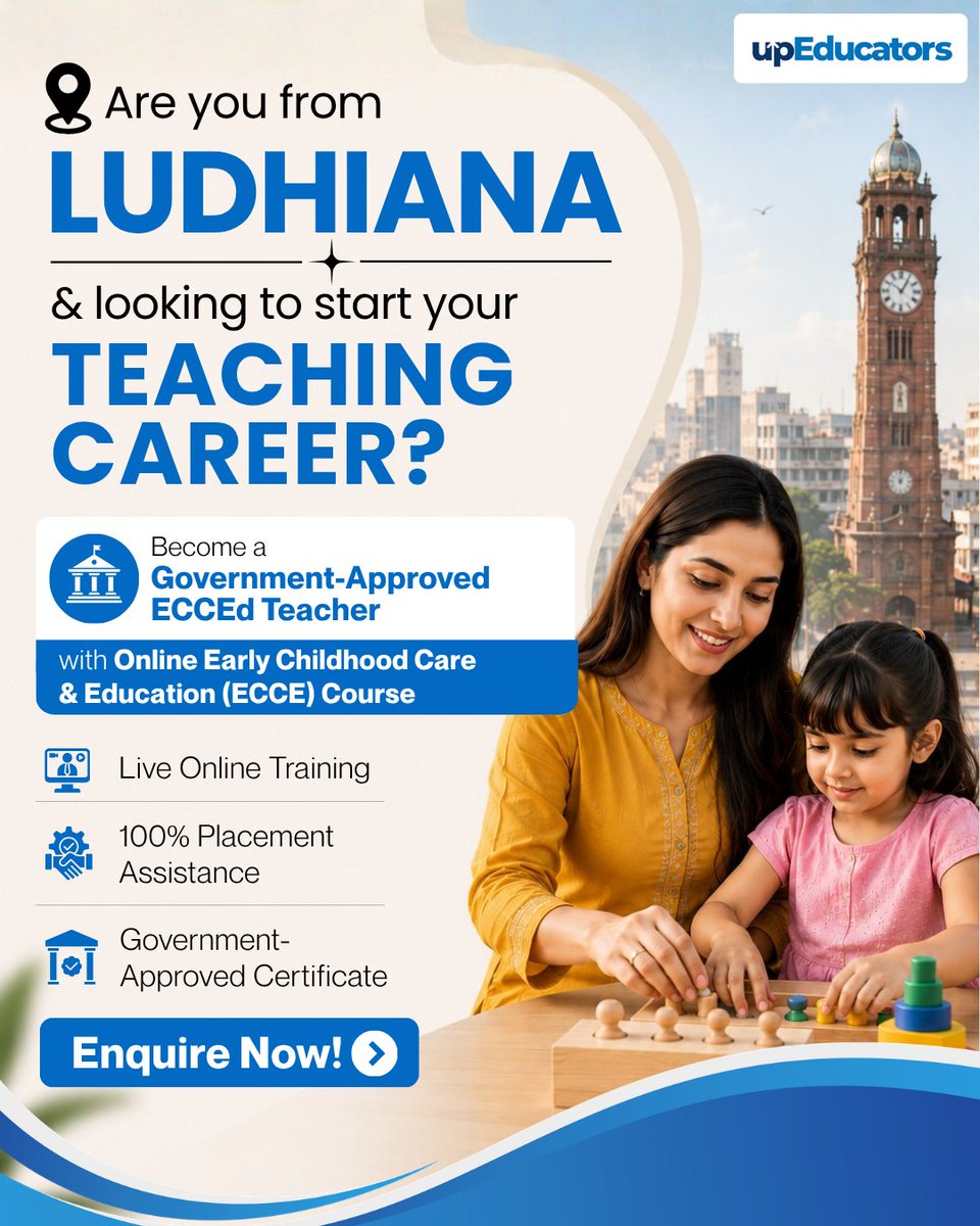 upEducators's tweet photo. Join Ludhiana’s Best Early Childhood Care &amp; Education (ECCE) Course in 2026 by upEducators  👩‍🏫📚✨

#ECCE #ECCECourse #EarlyChildhoodEducation #EarlyChildhoodCare #TeacherTraining #TeacherTrainingCourse #TeachingCareer https://t.co/8PzGbu8kgr