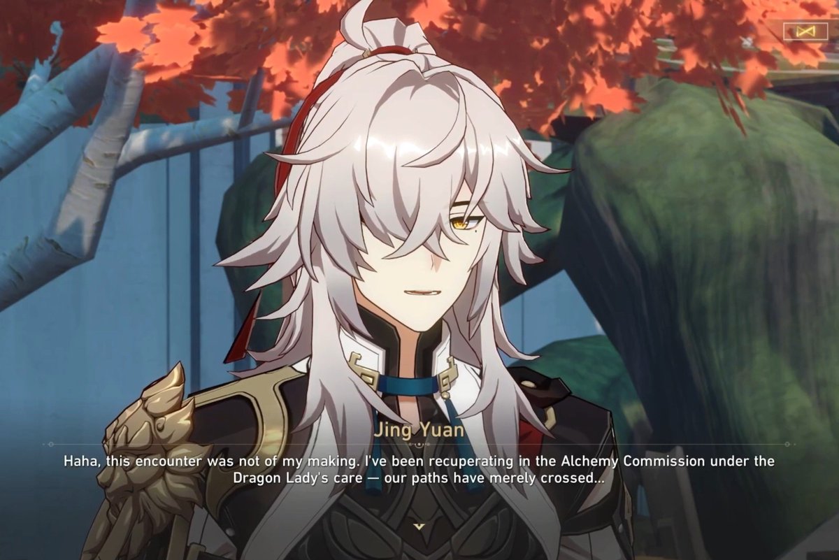 yuanismic's tweet photo. love how jing yuan told dan heng that he's at the alchemy commission not to interfere with the matters of vidyadhara or anything but to RECUPERATE and yet, 15 minutes later he's at scalegorge waterscape saying "heh.... i am the reinforcement" this guy bro 😭🥀 https://t.co/cG86sjSDc7