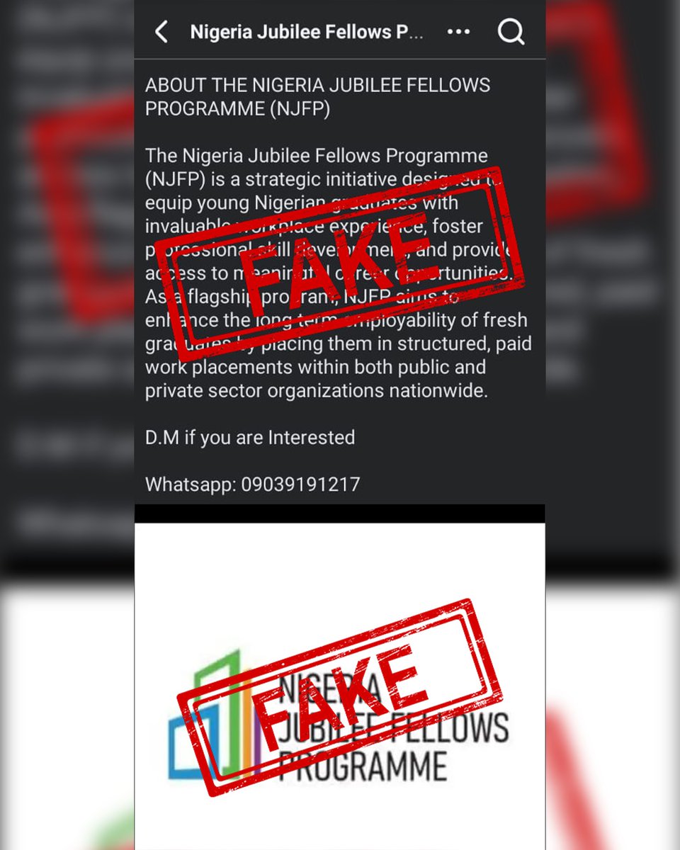 NigeriaJFP's tweet photo. 🚨 SCAM ALERT: NJFP IS NOT RECEIVING APPLICATIONS NOW!

Please beware of fake social media posts claiming that the NJFP portal is currently open for applications. These posts are FALSE.

NJFP is NOT accepting applications at this time.

If you see posts asking you to contact a phone number to apply, secure a slot or access an NJFP opportunity:
❌ Do not call the number.
 ❌ Do not send money or personal information.
 ❌ Do not click on suspicious links.

Only trust information shared through official NJFP communication channels.

Don’t fall for fake opportunities. Verify before you act. Stay alert. Stay safe.

#ScamAlert #NJFP #NJFP2_0 #JubileeFellows #ProudlyJubilee