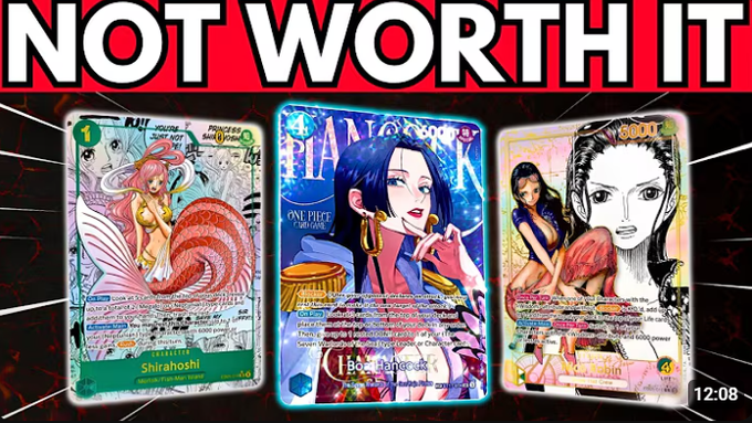 A YouTube thumbnail with a large red banner reading 'NOT WORTH IT' at the top, displaying three One Piece TCG cards featuring Princess Shirahoshi, Boa Hancock, and Robin, with a timestamp of 12:08.