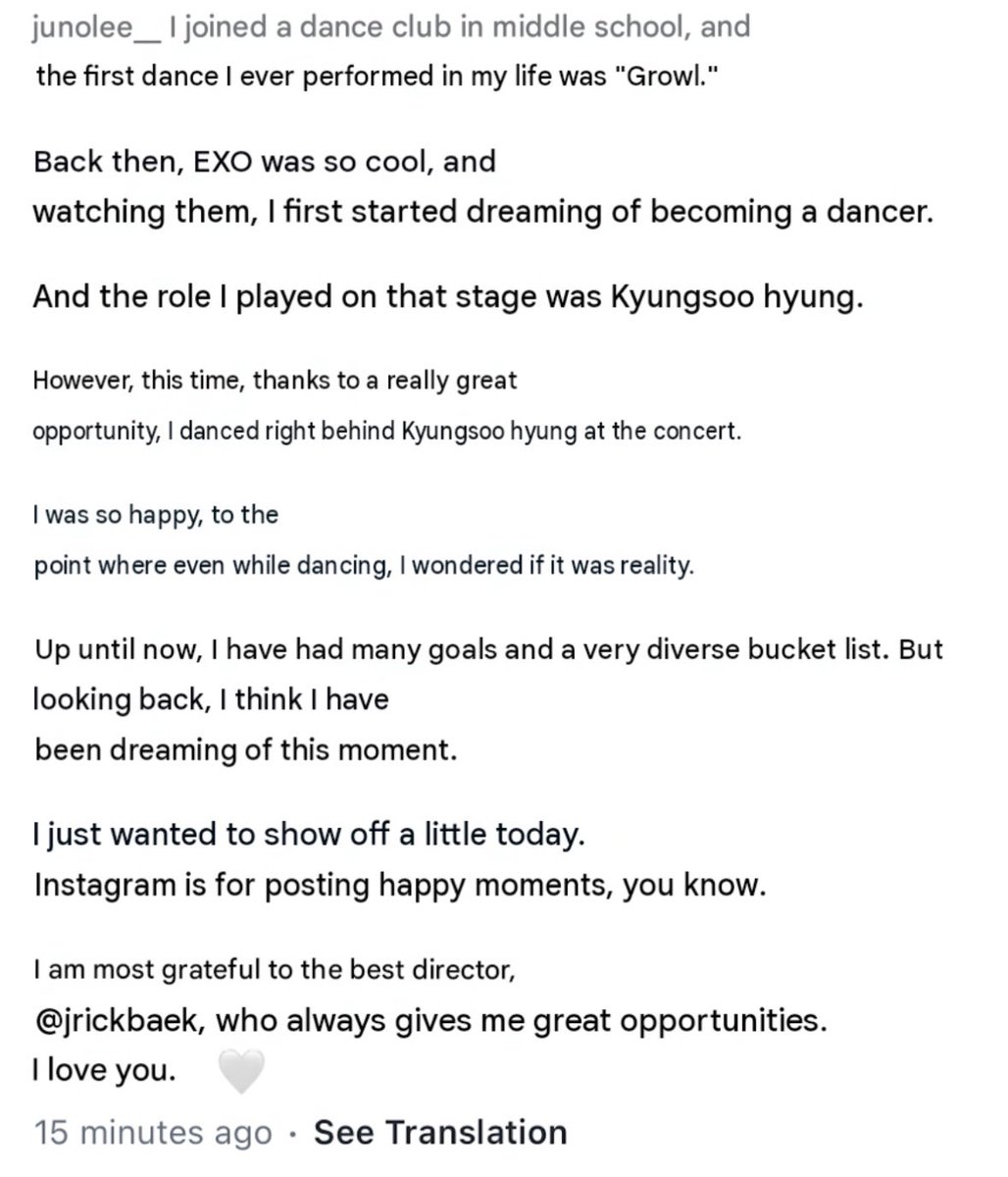 solornbalbum's tweet photo. lee juno, one of the backup dancer posted a whole paragraph on his instagram that he was so happy to dance behind kyungsoo and has been dreaming of that moment to happen since he first joined a dance club🥹😭😭 i wish for them to keep on working with kyungsoo for a long time🤍 https://t.co/QUxg8CvObt