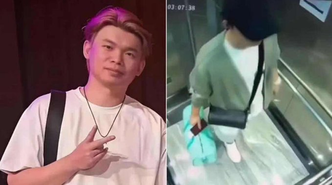 A split image showing a smiling man with blonde hair and a necklace on the left, and a person in a green case on an escalator on the right, with a timestamp reading '03 07:38'.