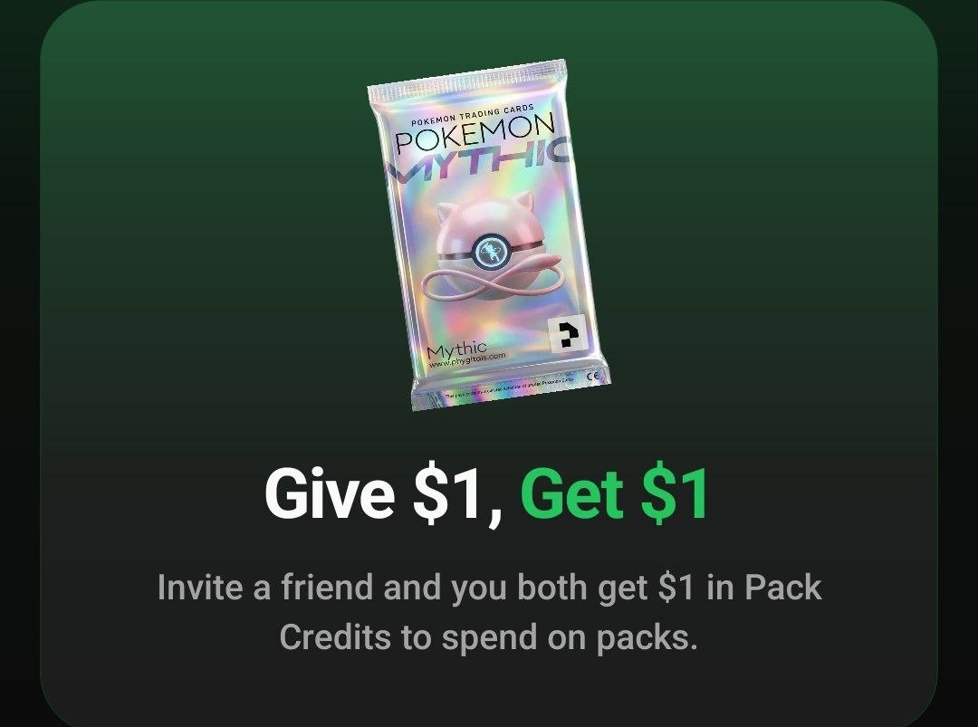 petaegun's tweet photo. free money?

saw people posting profits from the $1 packs at @phygitals

got curious and tried the mobile app

got a little carried away opening pokemon packs, but ended up with a small profit lol

hoping the $1 packs come back soon

use my referral link or code for a free pack

https://t.co/oApowHgxPp

code: 745a4e19ce96

*plz only spend what you can afford to lose
