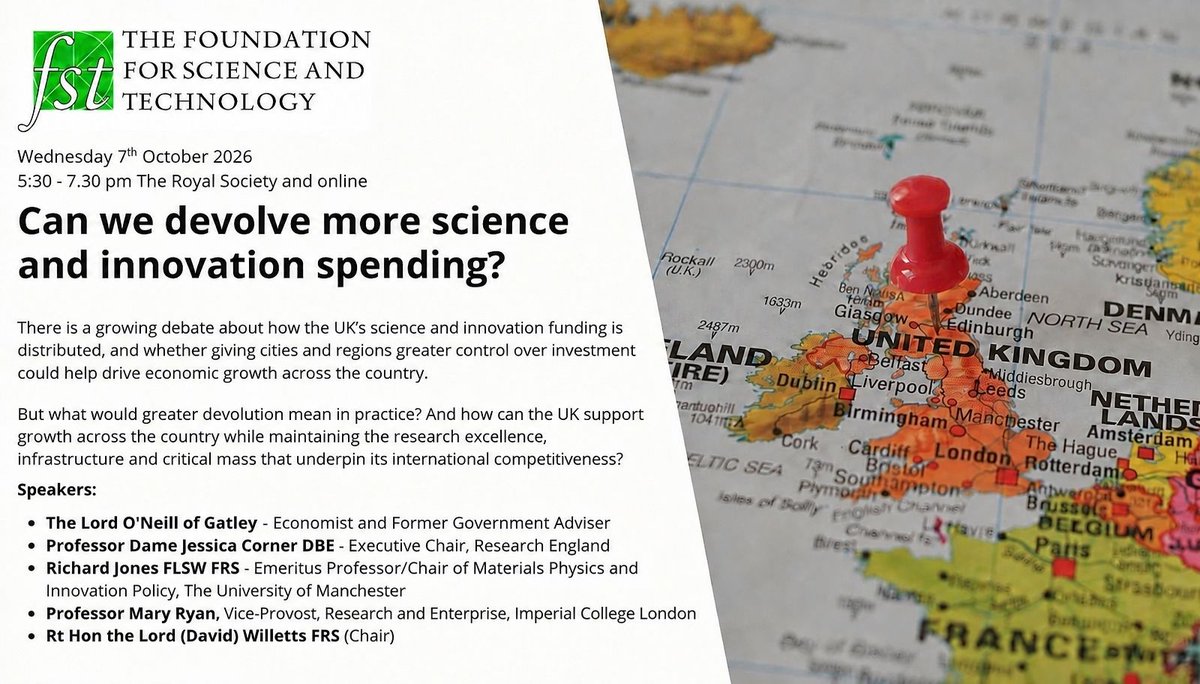 FoundSciTech's tweet photo. Are you joining us on Wednesday @royalsociety for our evening discussion on devolving S&amp;T spending?  Book your last-minute space: https://t.co/ZhiGlIi0nR #FSTEvents https://t.co/6z3MFzN1io