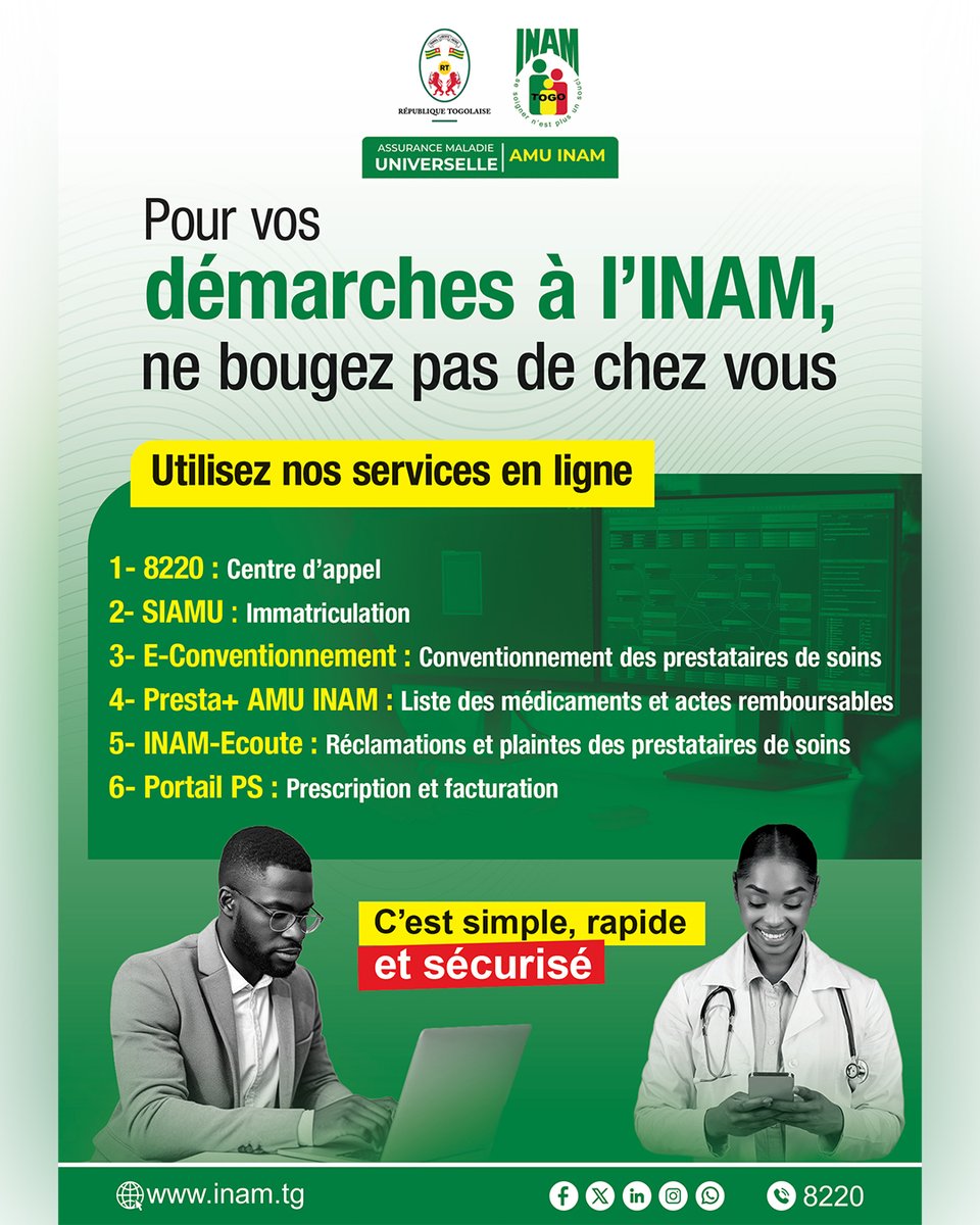 InamTogo's tweet photo. 🟢 📢 Pour vos démarches à l’INAM, ne bougez pas de chez vous
📌 Utilisez nos services en ligne
#AMU #INAM #servicesenligne #assurés #partenaires #carteAMUINAM #Togo https://t.co/qczxLS4ntD
