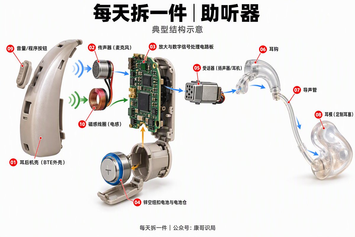 kang_cheng37223's tweet photo. https://t.co/kc24rpCOIA
Teardown of the day: Hearing Aid (助听器)
Mic picks up sound, the DSP board processes and amplifies it, then the receiver plays it into your ear.
#teardown #howitworks #hearingaid https://t.co/oS98wxirnY